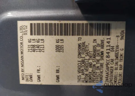 2012 Nissan Maxima 3.5 Sv from USA, damaged, VIN 1N4AA5AP9CC841141